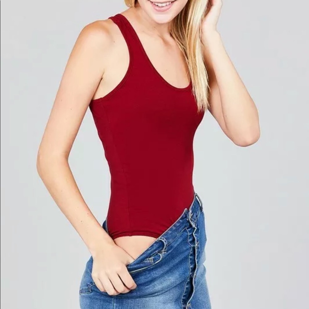 Burgundy Basic Sleeveless Cotton Tank Bodysuit Top